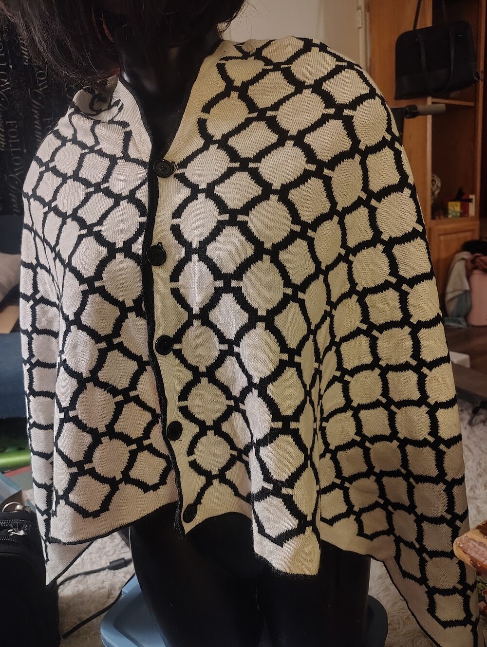 Top It Off Black White Lattice Knit Convertible Button Wrap Shawl Poncho